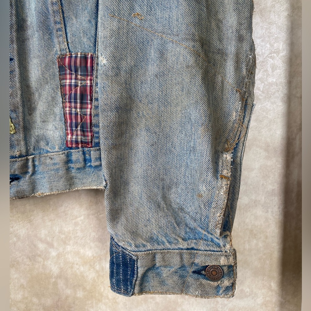 Vintage 70s 80s Levis OOAK Zig Zag Man Patchwork Denim Trucker Jacket Smoker - Picture 5 of 16